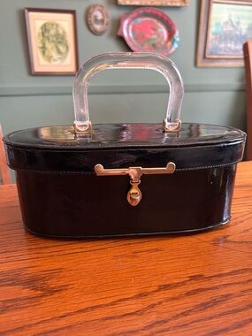 Black Vintage-Style Top Handle Bag with Clear Lucite Handle